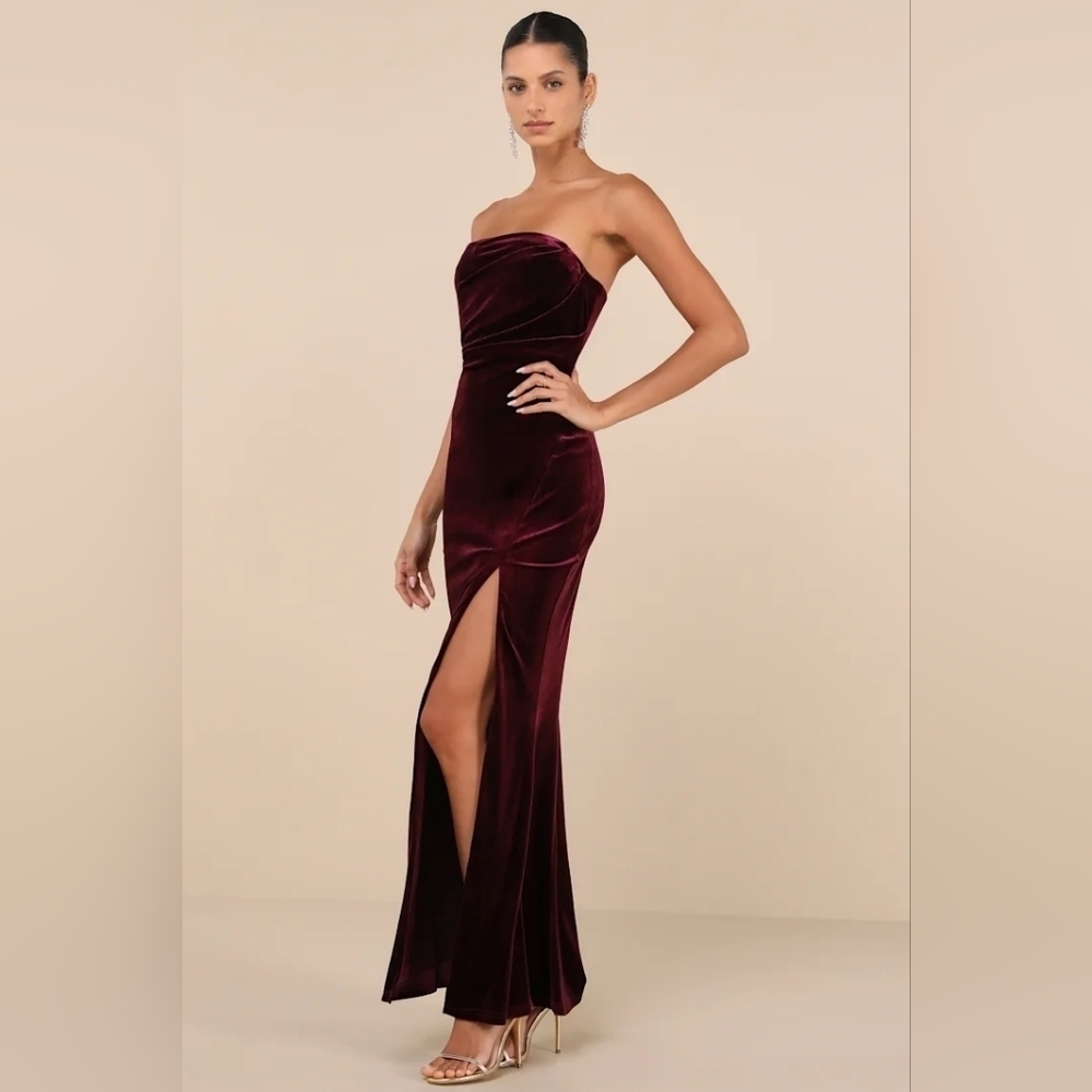 Lulus Perfectly Captivating Plum Purple Velvet Strapless Maxi Dress S Wedding - Picture 3 of 9